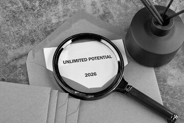 A magnifying glass focuses on Unlimited Potential 2026 resting on envelopes. An aroma diffuser adds an air of expectancy and aspiration
