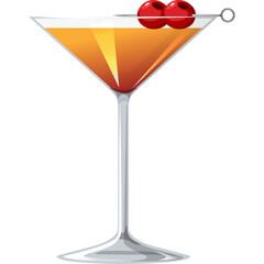Elegant Martini Glass with Amber Liquid and Red Cherry Garnish on White Background with Transparent Background