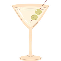Elegant Martini Glass with Two Olives on a Skewer and Clear Liquid Against a White Background