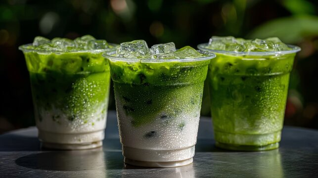  Iced matcha latte drinks, refreshing and layered, a healthy summer beverage against a garden background