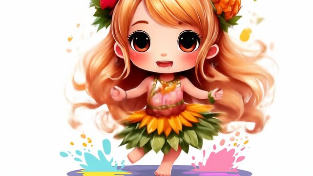 Whimsical illustration of a cute chibi girl in a tropical floral dress, dancing joyfully amidst colorful powder splashes on a white background