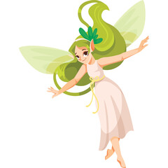 Ethereal fairy with flowing green hair and delicate wings dances gracefully in a light pink dress adorned with a yellow sash against a transparent background evoking a sense of magic and wonder
