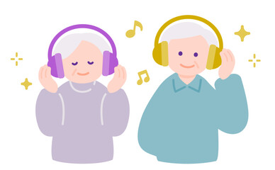 ヘッドフォンで音楽を楽しむシニア夫婦　聴覚に配慮したおうち時間
