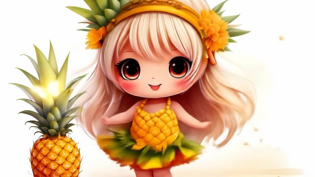 A whimsical illustration of a charming anime chibi girl with big eyes, dressed in a vibrant tropical pineapple-themed outfit