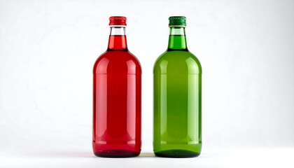 Two clear, tall bottles, one filled with red liquid, the other with green liquid, stand against a simple white backdrop