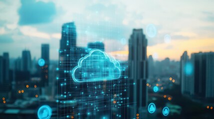 Modern city skyline du sunset with digital cloud computing icons and data visualization representing cloud technology and data transfer concepts
