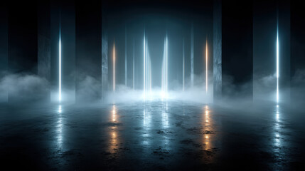Vertical blue light beams illuminate dark stage with soft mist and centered composition