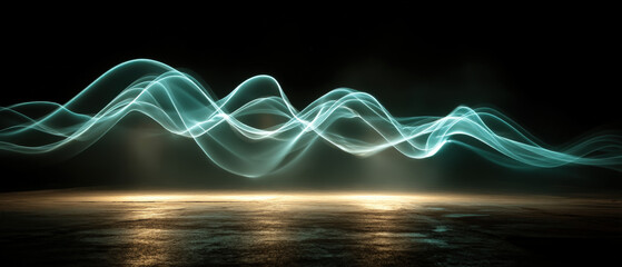 Cyan-green sine wave light trail floating above swirling smoke on dark background