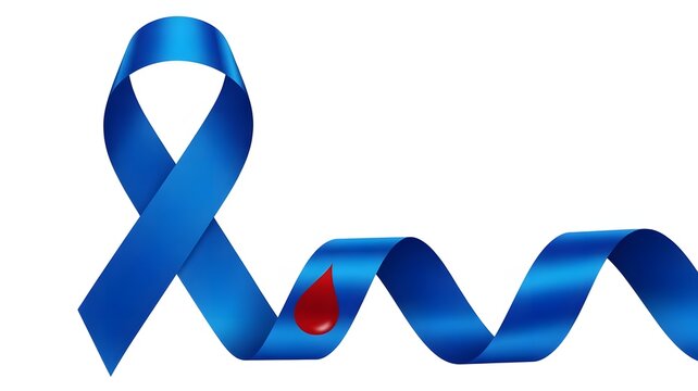 Blue ribbon with a blood drop isolated on white background