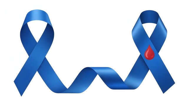 Two blue ribbons with blood drop for diabetes awareness