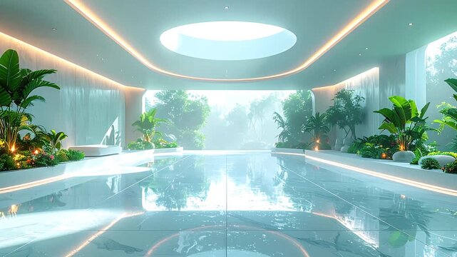 A luxurious futuristic indoor swimming pool with a central skylight and lush tropical plants.