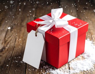 Red gift box with white ribbon, blank tag, snow, wood backdrop
