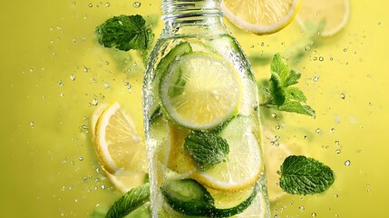 Clear glass bottle filled with lemon and cucumber slices and mint leaves with water splashes on yellow background