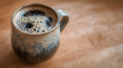 Close up of a rustic ceramic mug filled with dark coffee and foam on a wooden surface image