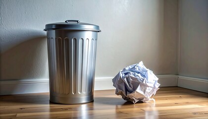 Shiny metallic trash can and crumpled paper ball sit on wooden floor