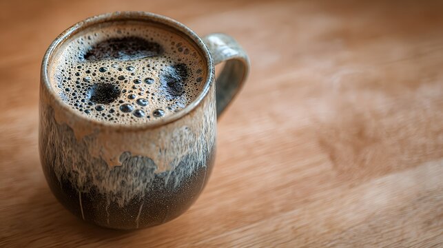 Close up of a rustic ceramic mug filled with dark coffee and foam on a wooden surface image - Powered by Adobe