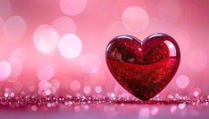 Shiny ruby heart against a sparkling pink bokeh background