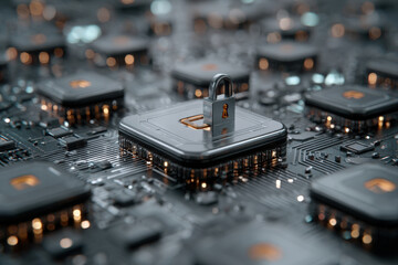 Futuristic shield with layered translucent panels and security icons in tech environment