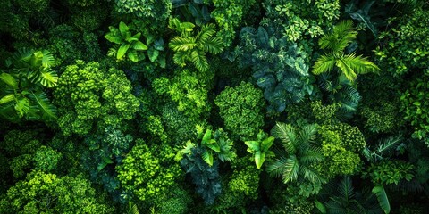 A lush, green, tropical jungle canopy from above, showcasing a variety of plant life and foliage.