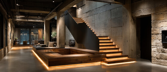 Modern hallway with illuminated oak and concrete stairs featuring LED skirting lights