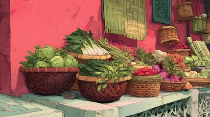 Colorful vegetable stall with woven baskets and pink wall background produce market