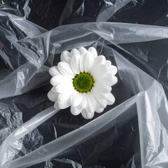 Single daisy blooms amid transparent plastic on a dark gray background