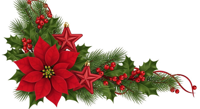 Christmas Corner Decoration with Poinsettia, Pine Branches, Berries, and Red Stars
