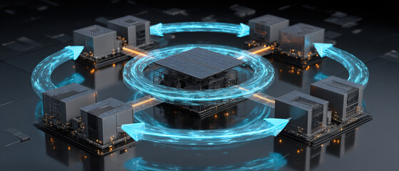 AR holographic 3D solar rooftop model with animated power flow arrows and clean design