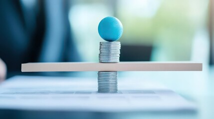 Balanced scale concept with blue sphere on top of stacked coins representing financial stability or equilibrium in business or management