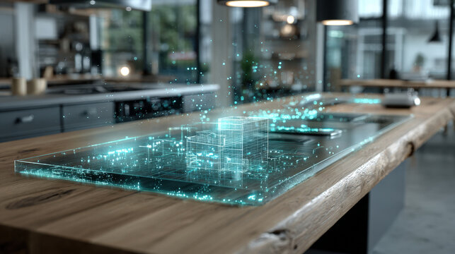 Holographic AR floor plan with glowing sensor nodes and volumetric light rays above desk