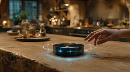 Person using gesture control on smart kitchen island with blue interface trail in evening