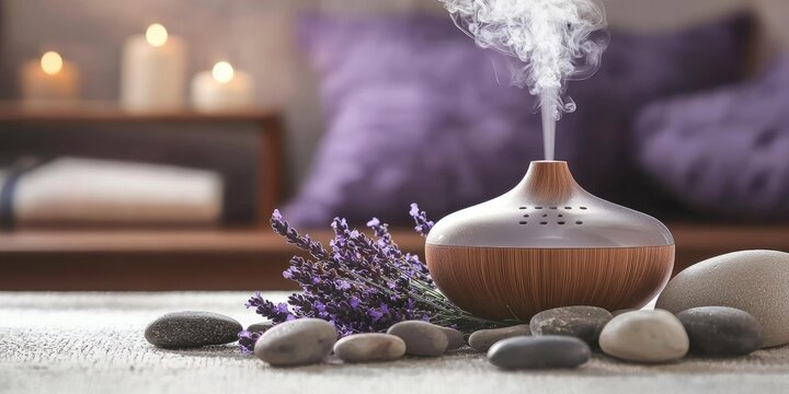 A diffuser emitting steam with lavender flowers and rocks in the foreground, with a blurred background featuring a bed and candles.
