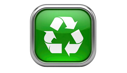 Glossy green square with recycling symbol in the center, outlined in silver, on a black backdrop