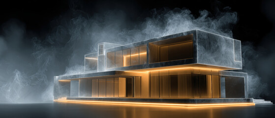 Futuristic modern house wireframe emerging from glowing particle cloud with neon light