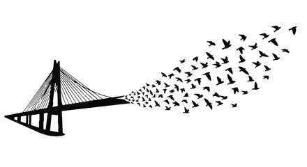 A suspension bridge transforms into a flock of birds taking flight.