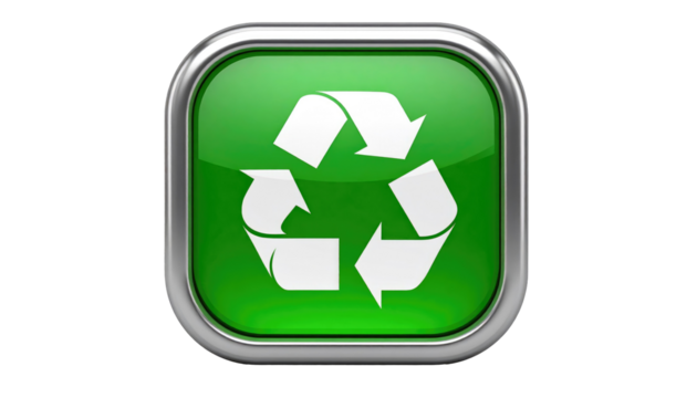 Glossy green square with recycling symbol in the center, outlined in silver, on a black backdrop