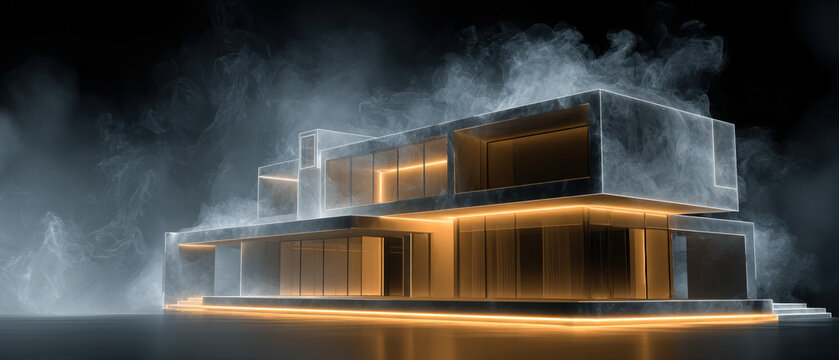 Futuristic modern house wireframe emerging from glowing particle cloud with neon light