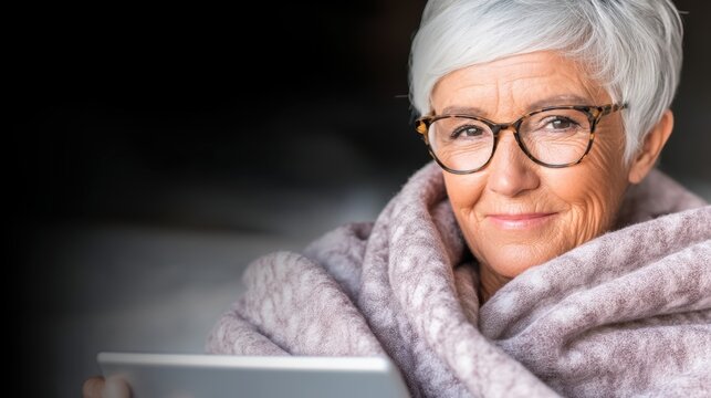 Senior woman using tablet at home cozy atmosphere portrait indoor warm digital comfort - Powered by Adobe