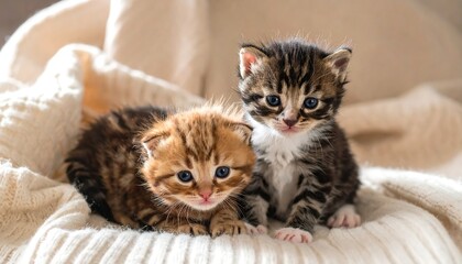 Two adorable kittens with blue eyes snuggled on a soft, knitted blanket