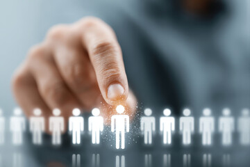 Hand Interacting with Holographic Icons in Digital Recruitment on Modern Desk