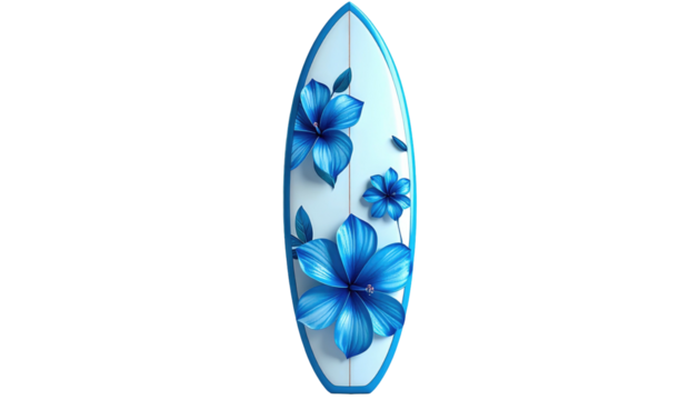 Surfboard with blue hibiscus flowers, set against a stark black background. Simple, calm, and tropical in feeling