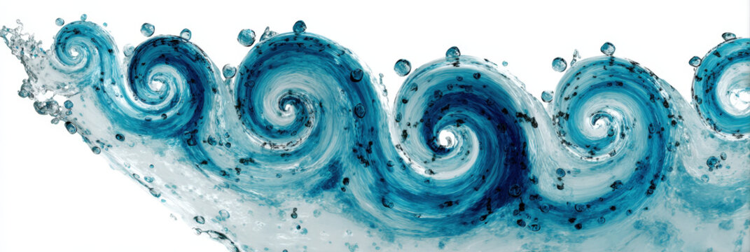 Abstract liquid spirals with curved ribbons and droplets on white background
