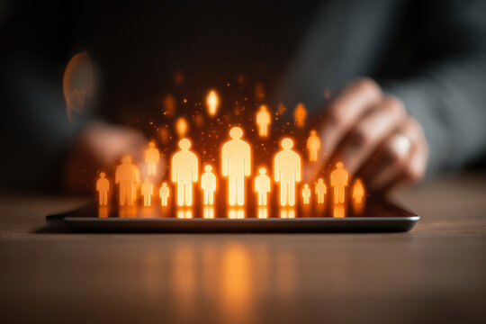 Person using digital tablet with glowing human resources icons in warm office setting - Powered by Adobe
