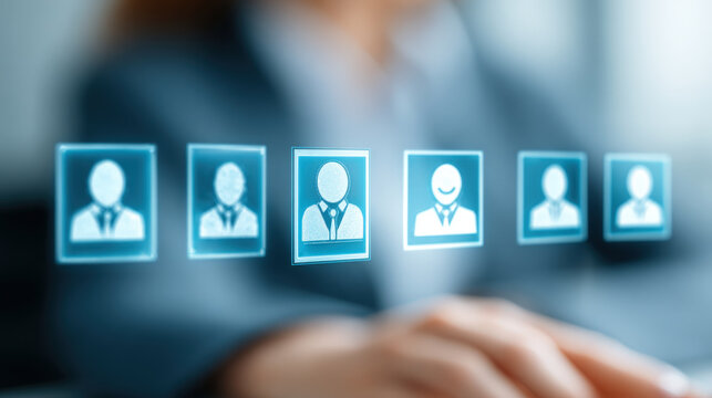 Holographic Human Resources Dashboard with Floating Blue Icons and Analytics Graphs