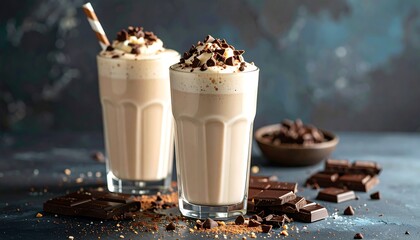 Two creamy, frothy drinks with chocolate shavings and bars