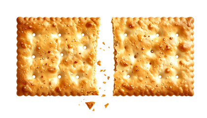 Realistic rectangular light-brown perforated cracker broken in half, showing detailed texture and golden interior, isolated on a white or transparent background, PNG format