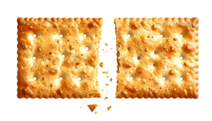 Realistic rectangular light-brown perforated cracker broken in half, showing detailed texture and golden interior, isolated on a white or transparent background, PNG format