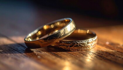 Two gold wedding bands on a wooden surface, bathed in sunlight