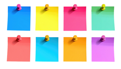 Eight colorful sticky notes pinned in two rows, casting soft shadows against a dark background