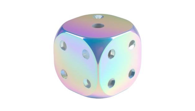 Iridescent dice with rounded corners. Metallic and shiny, showing various numbers. Isolated against a black background